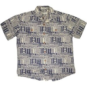 Orvis Cotton Tribal Print Shirt Men XL Blue Cream India Vintage 90s Short Sleeve